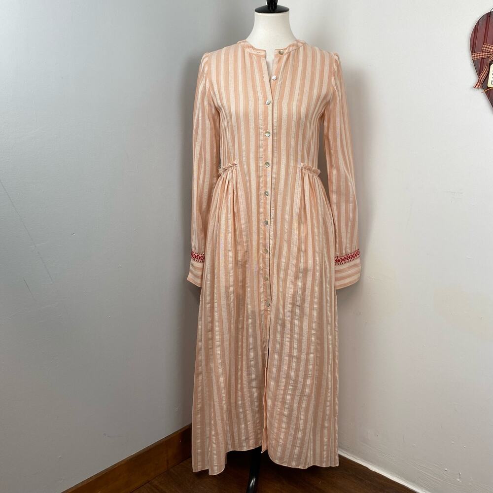 NEW LEMLEM Blush Pink Striped Button Down Long Sleeve Maxi Prairie Dress Small